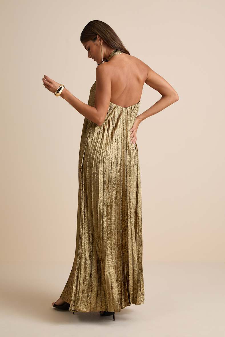 Gelsey Gold Lurex Pleated Halter Shift Maxi Dress