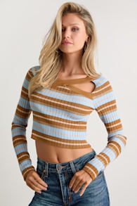 Tanea Light Blue and Brown Striped Cutout Sweater Top 1