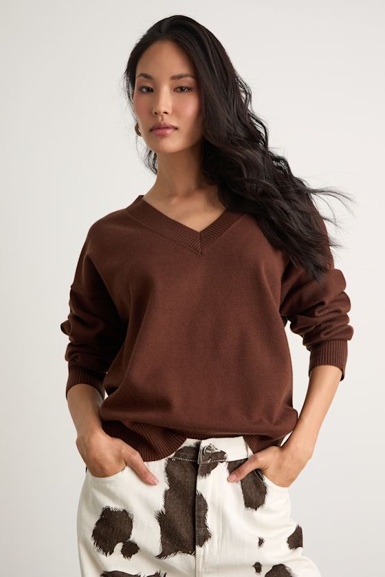 Lulus Quinee Brown V-neckline Oversized Sweater In Brown