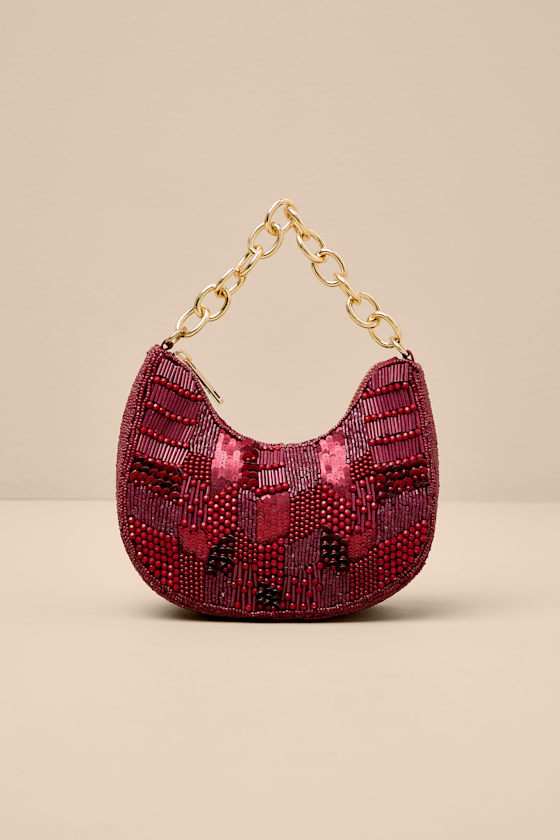 Mishti Burgundy Beaded Chain Link Handle Clutch Bag 1