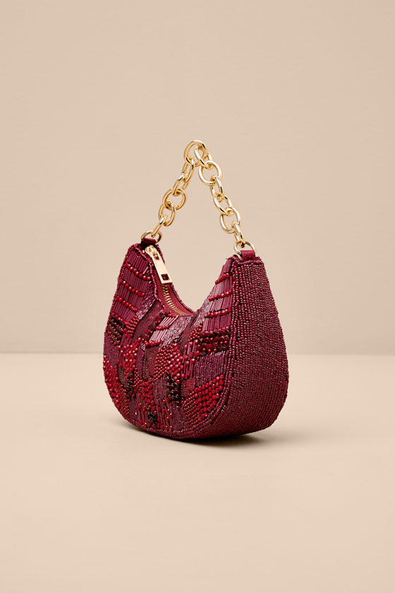 Mishti Burgundy Beaded Chain Link Handle Clutch Bag - thumbnail 4
