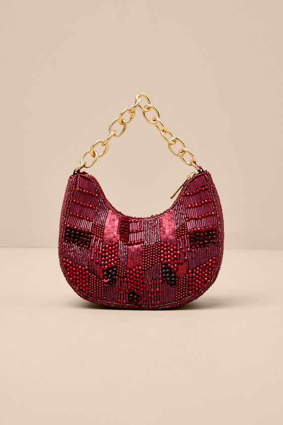Mishti Burgundy Beaded Chain Link Handle Clutch Bag - thumbnail 5