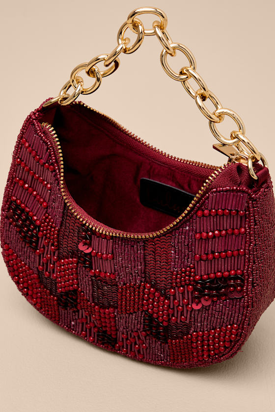 Mishti Burgundy Beaded Chain Link Handle Clutch Bag - thumbnail 6