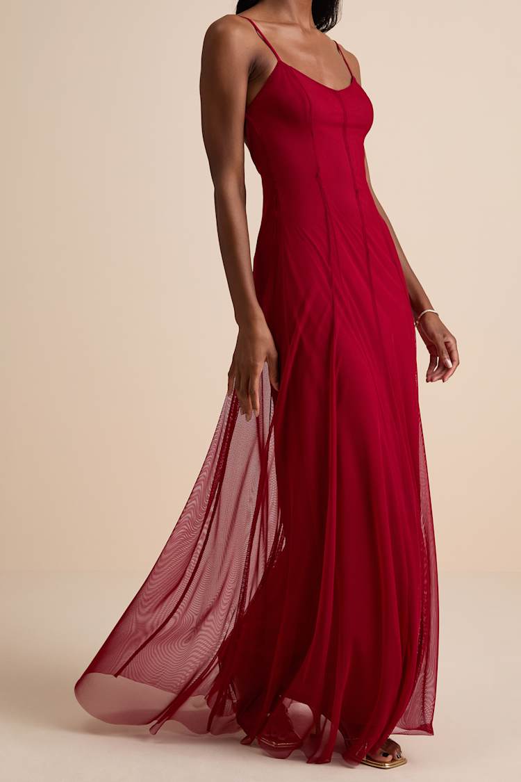 Atori Wine Red Mesh Sleeveless Maxi Dress