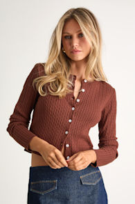 Marylu Brown Cable Knit Cardigan Sweater Top 1