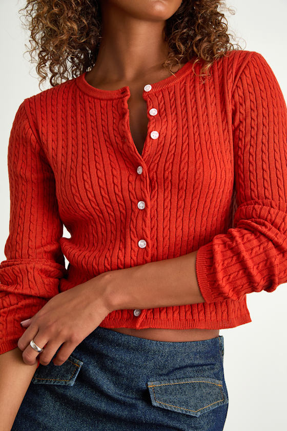 Marylu Bright Red Cable Knit Cardigan Sweater Top 2