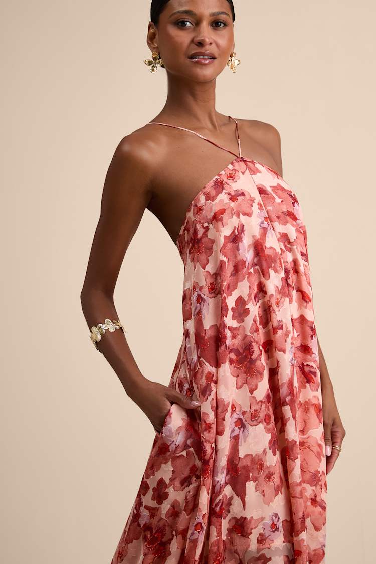 Dezzi Blush Multi Floral Halter Shift Maxi Dress