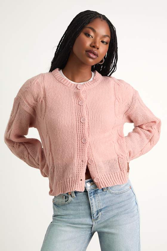 Image of Carmina Pink Cable Knit Button-Up Cardigan