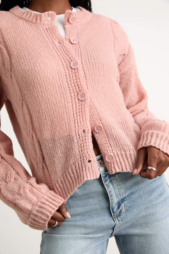 Carmina Pink Cable Knit Button-Up Cardigan 2