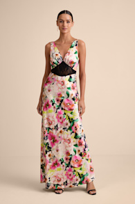 Solaina Pink and Black Multi Floral Satin Lace Maxi Dress 1