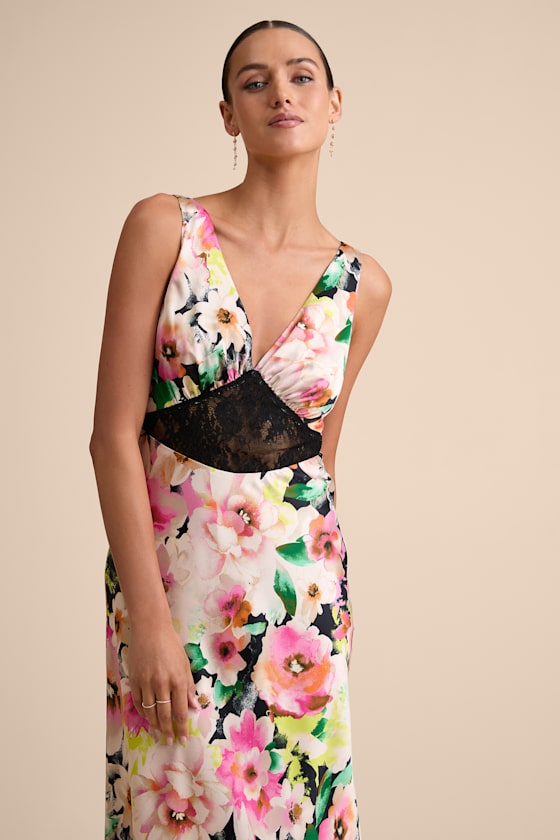 Solaina Pink and Black Multi Floral Satin Lace Maxi Dress 2