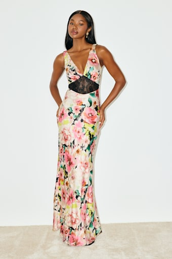 Solaina Pink and Black Multi Floral Satin Lace Maxi Dress 2