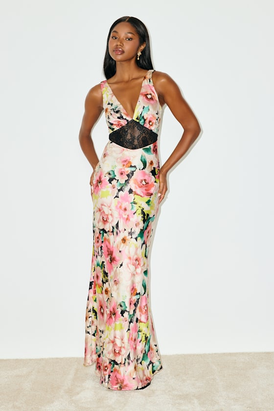 Solaina Pink and Black Multi Floral Satin Lace Maxi Dress 2