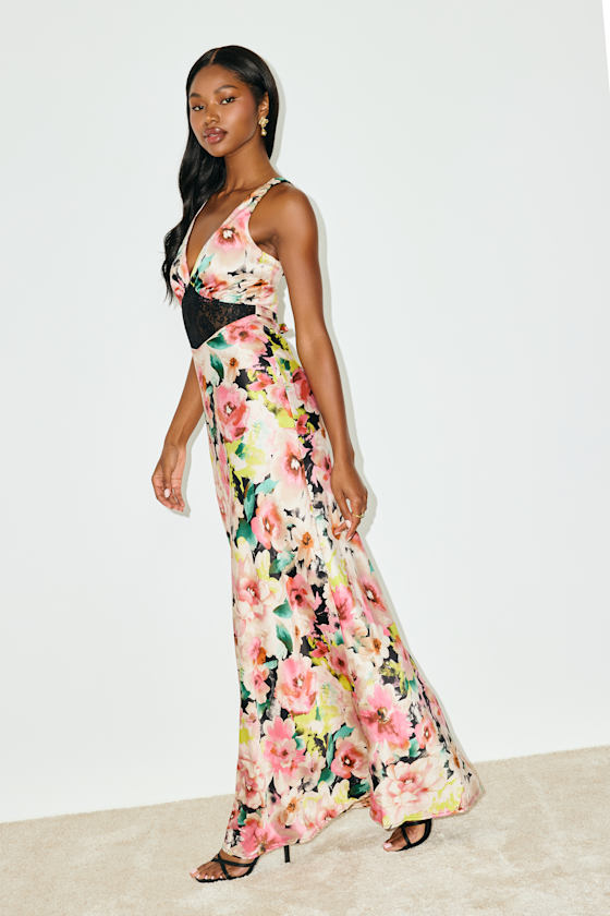 Pink & Black Multi Floral Dress - Satin Maxi Dress - Lacy Dress - Image 4