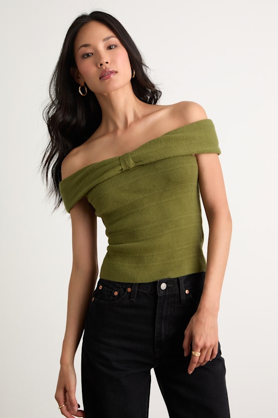 Olive Green Sweater Top - Off-the-Shoulder Knit Top - Sweater Top