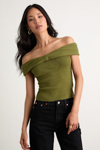 Judah Olive Green Off-the-Shoulder Sweater Top 1