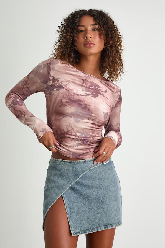 Lulus Farasha Mauve Burnout Butterfly Print Long Sleeve Top In Pink
