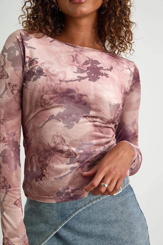 Lulus Farasha Mauve Burnout Butterfly Print Long Sleeve Top In Pink