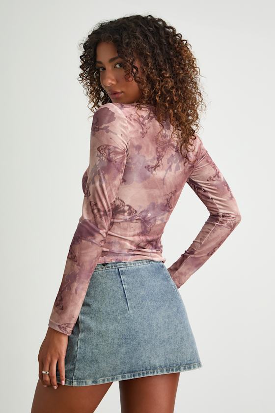 Lulus Farasha Mauve Burnout Butterfly Print Long Sleeve Top In Pink