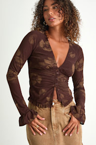 Glynn Brown Floral Mesh Long Sleeve Top 1