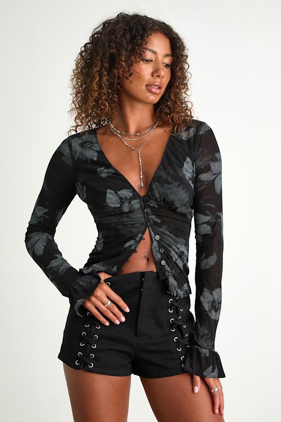 Black Floral Top - Floral Mesh Top - Button-Front Top - Mesh Top