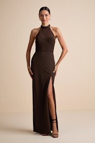 Baani Dark Brown Column Halter Maxi Dress 1