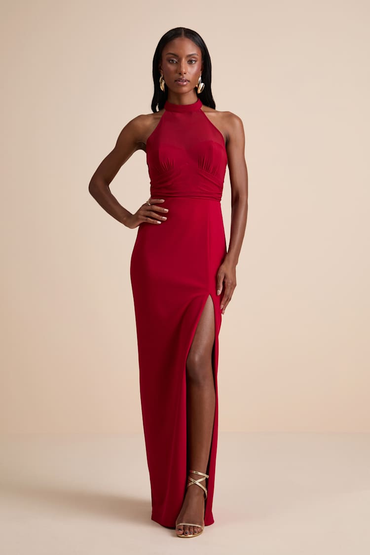 navy blue dress for baby girl Mermaid Burgundy Halter V-Neck Sleeveless Backless Prom Dresses main image 0