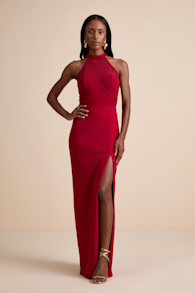 Baani Red Column Halter Maxi Dress 1