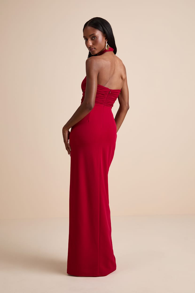 Lulus | Red Column Halter Maxi Dress | Womens | X-Small | 100% Polyester