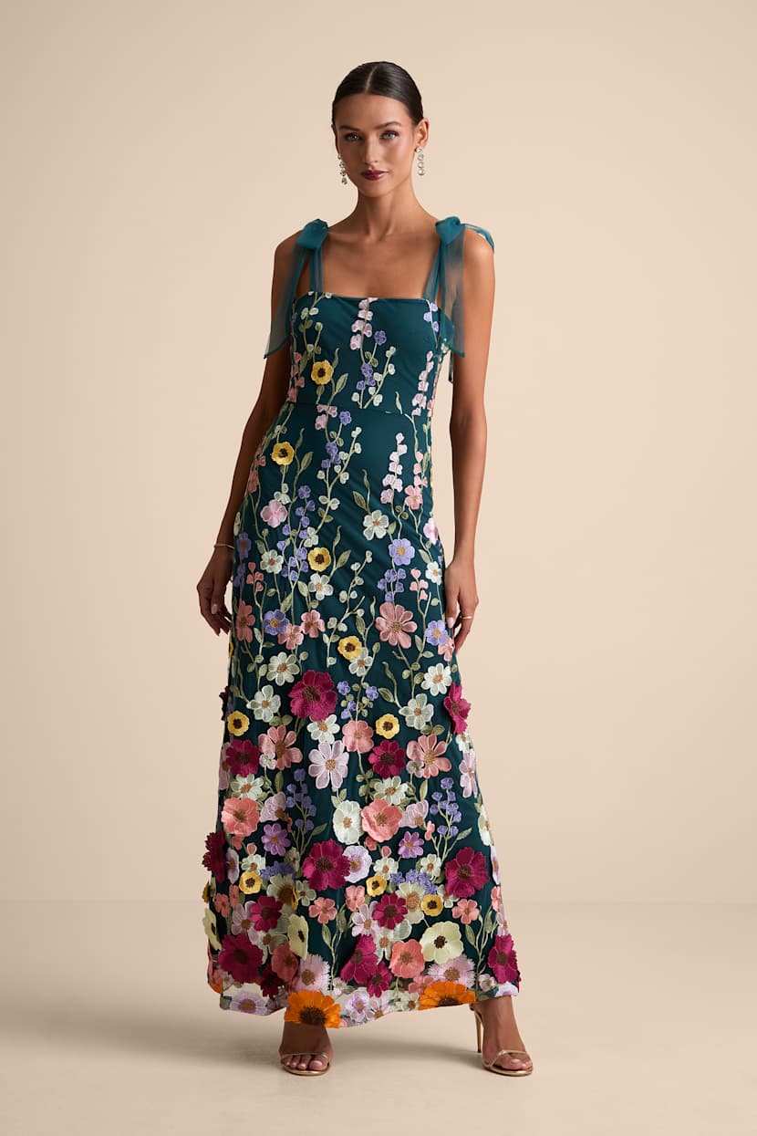 3D Floral Applique Dress - Teal Floral Dress - Tie-Strap Dress - Lulus