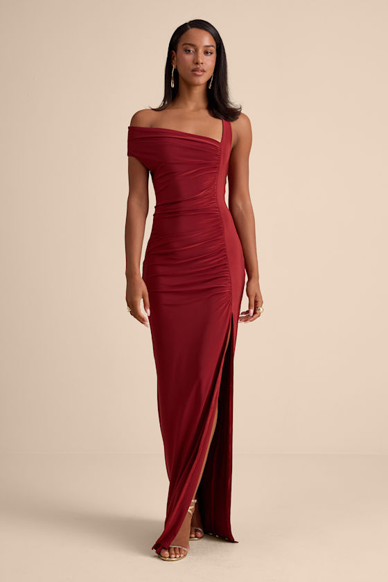 Josie Rust Red Jersey Knit Ruched Maxi Dress 1