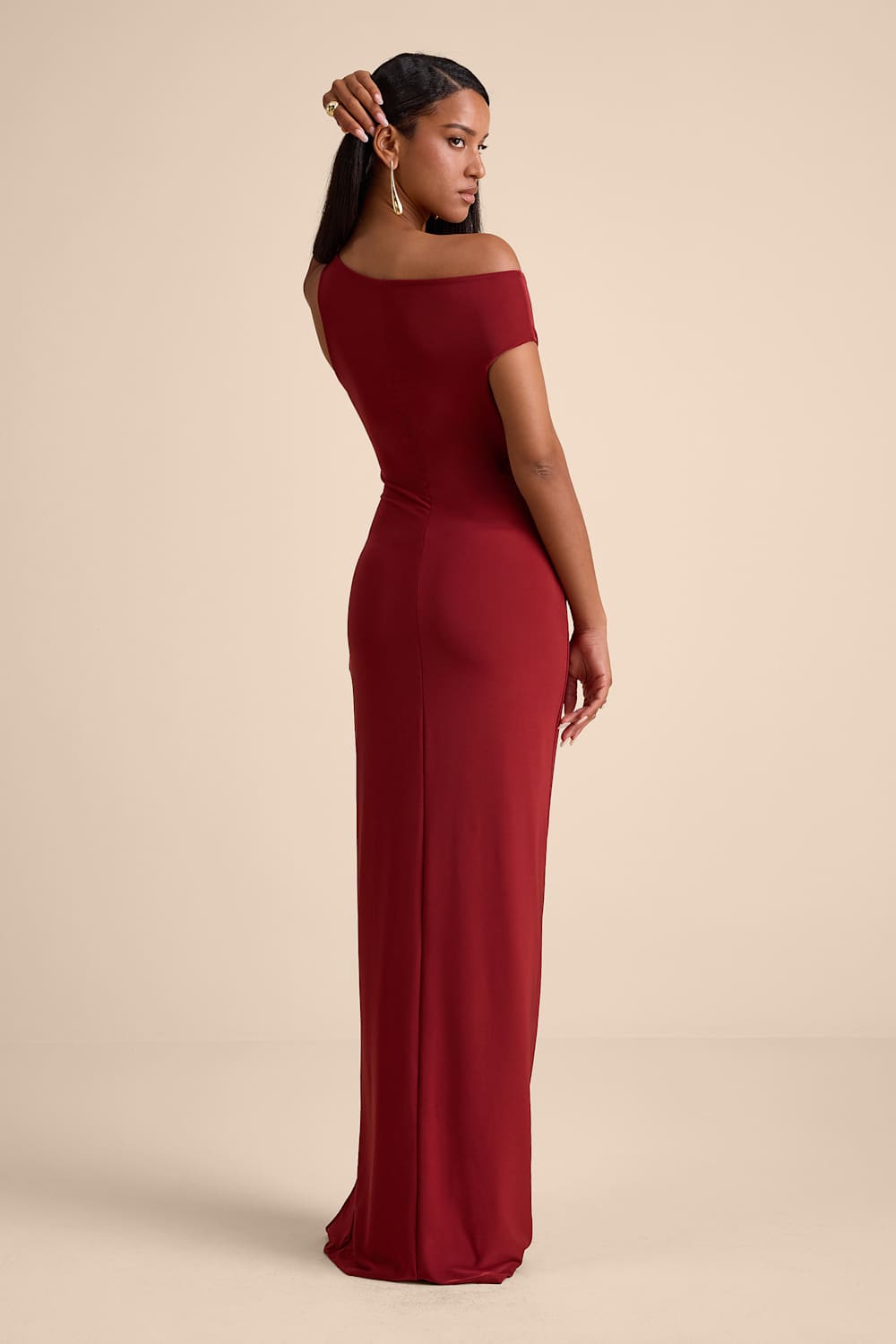 Josie Rust Red Jersey Knit Ruched Maxi Dress