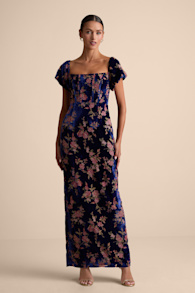 Confidently Impressive Blue Velvet Off-the-Shoulder Maxi Dress 1