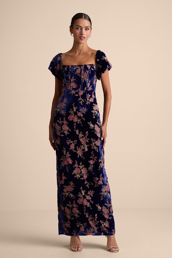 Confidently Impressive Blue Velvet Off-the-Shoulder Maxi Dress 1