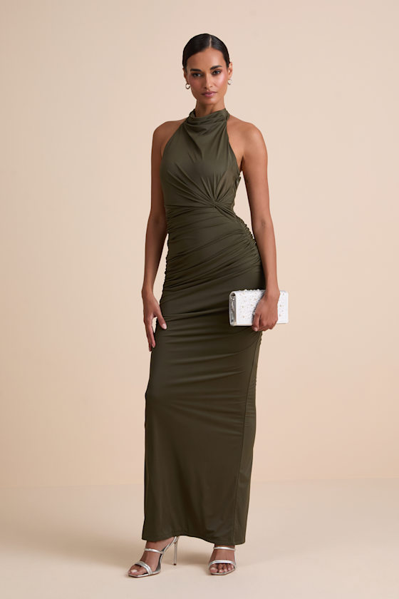 Seraiah Olive Green Knotted Ruched Halter Maxi Dress 1