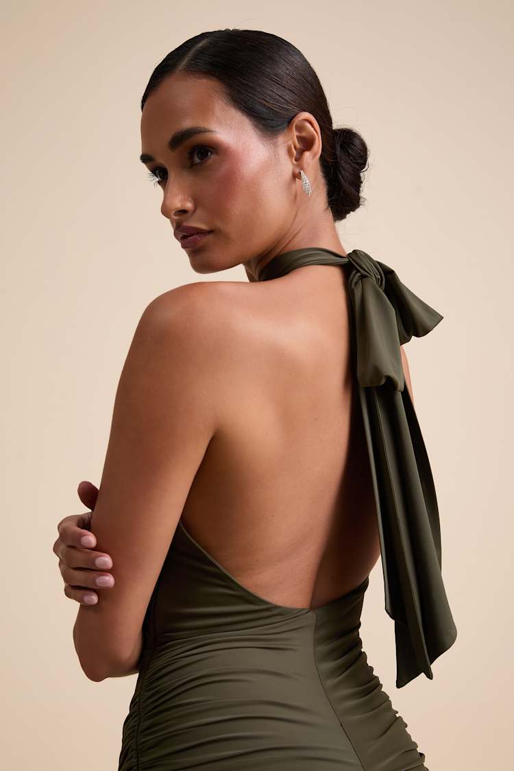 Seraiah Olive Green Knotted Ruched Halter Maxi Dress