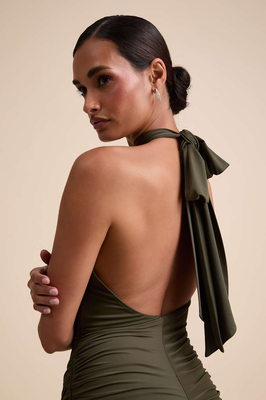 Seraiah Olive Green Knotted Ruched Halter Maxi Dress