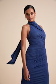 Seraiah Navy Knotted Ruched Halter Maxi Dress 6