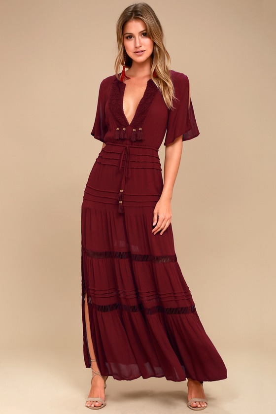 Boho Burgundy Maxi Dress - Crochet Short Sleeve Dress - Lulus