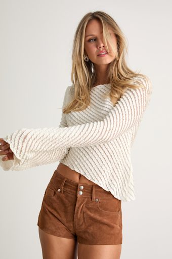 Xavia Ivory Ruffled Knit Asymmetrical Long Sleeve Top 1
