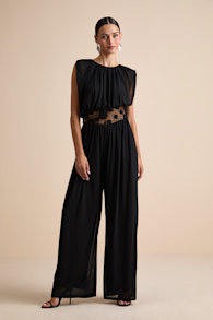 Mykie Black Gathered Sleeveless Wide-Leg Jumpsuit 1