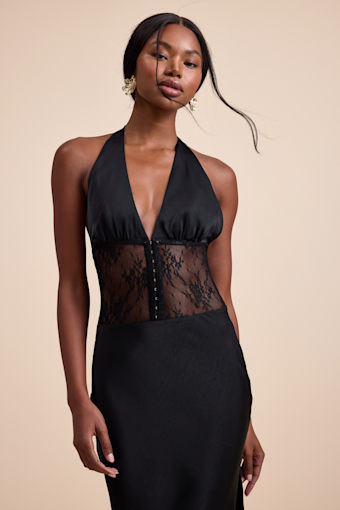 Lennon Black Satin Lace Halter Maxi Dress 1
