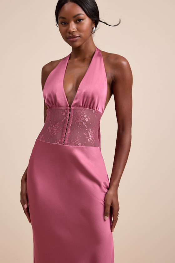 Mauve Pink Maxi Dress - Halter Maxi Dress - Satin Lace Maxi Dress