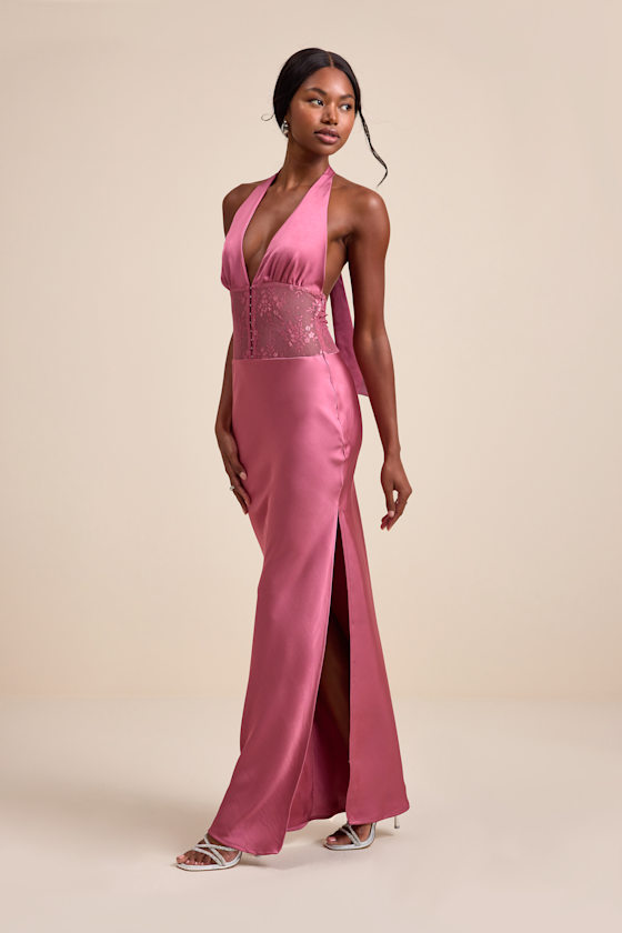 Image of Lennon Mauve Pink Satin Lace Halter Maxi Dress