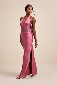 Lennon Mauve Pink Satin Lace Halter Maxi Dress 5