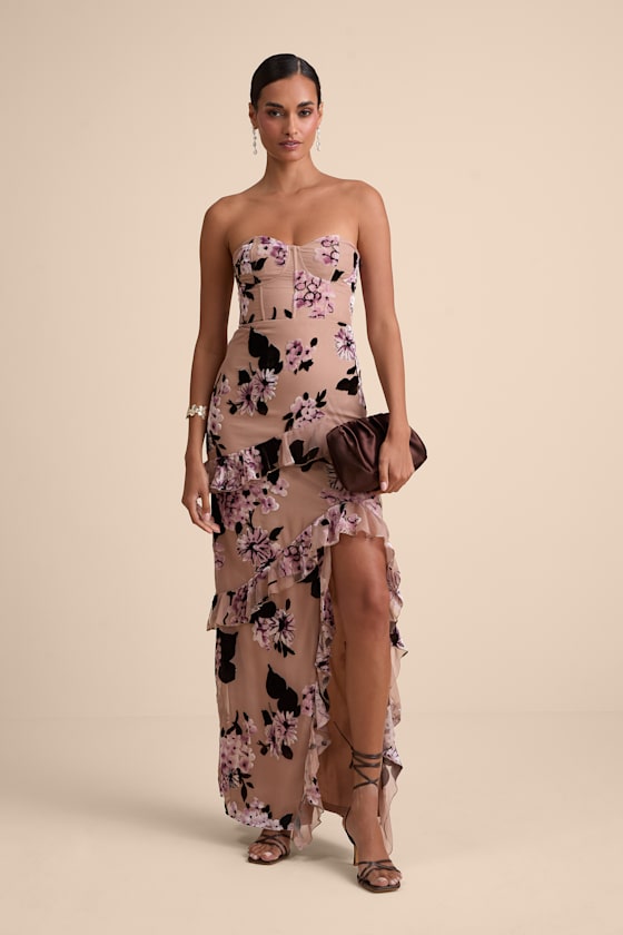 Lulus Chelisa Beige Floral Ruffled Strapless Bustier Maxi Dress In Multi
