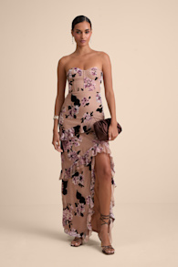 Chelisa Beige Floral Ruffled Strapless Bustier Maxi Dress 1