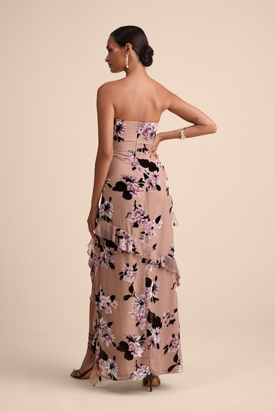 Lulus Chelisa Beige Floral Ruffled Strapless Bustier Maxi Dress In Multi