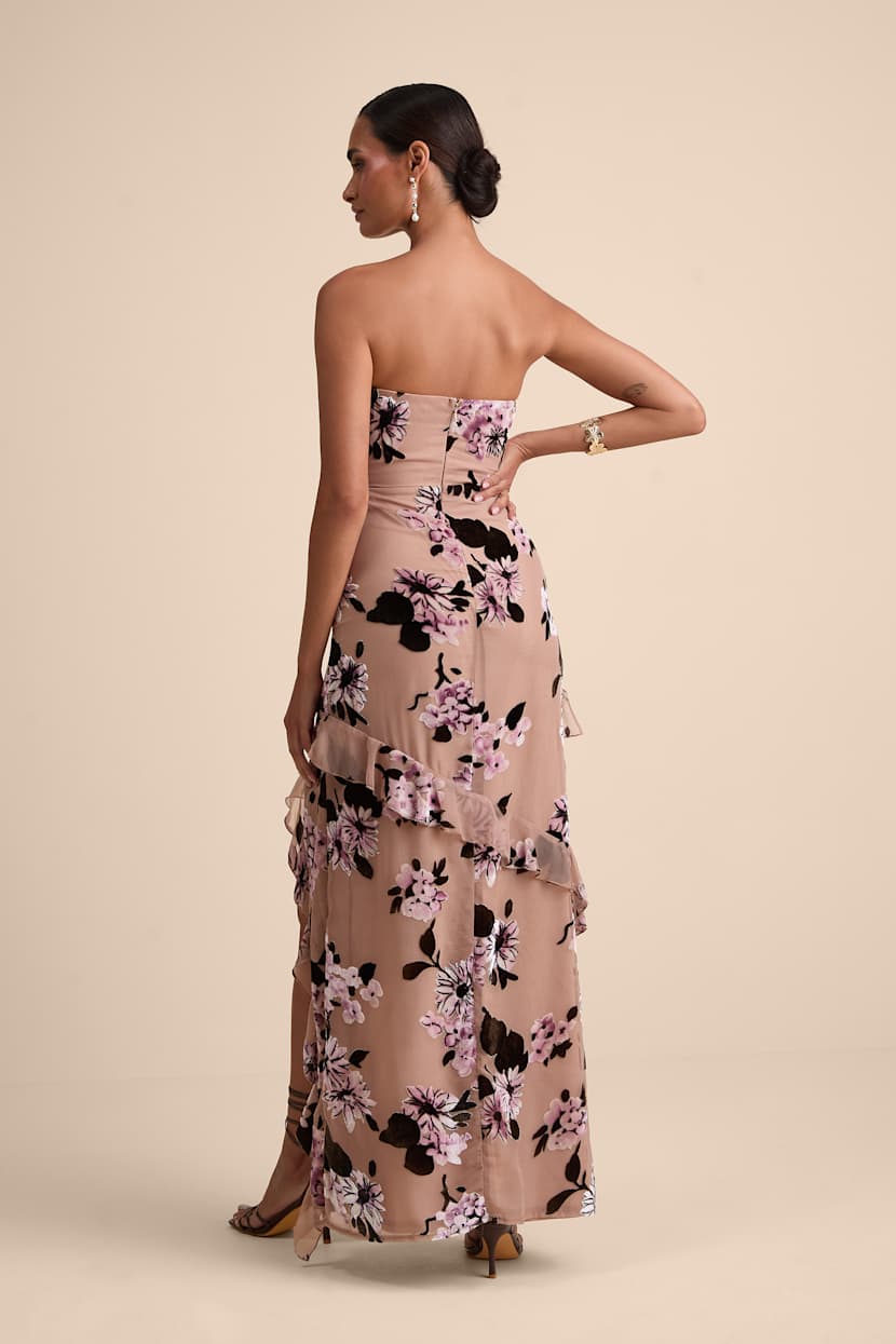 Beige Floral Ruffled Strapless Bustier Maxi Dress | Womens | X-Small (Available in S, M) | 100% Polyester | Lulus