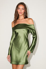 Luxurious Vision Olive Green Satin Off-the-Shoulder Mini Dress 1